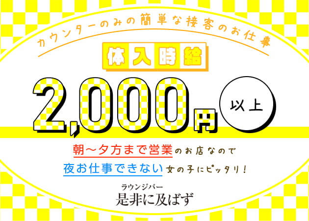 是非に及ばず 職種:カウンターガール
カウンター越しにお酒を作る簡単な接客のお仕事