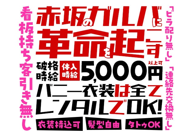 B4 赤坂店 職種：カウンターガール
バニーガールの衣装でお客様にお酒を提供するお仕事です
