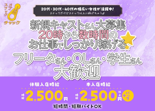 パブスナック チャック 職種：①フロアレディ
20代・30代・40代が活躍中！
学生さんも大歓迎です

②ホールスタッフ(ガール)
