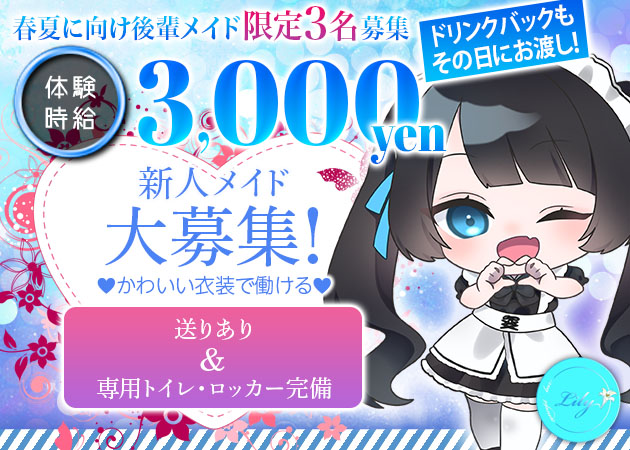 Lily 職種：カウンターレディ

☆可愛いメイド服でのお仕事！
(レンタル無料、持ち込みOK)

★連絡先の交換やノルマはありません♪