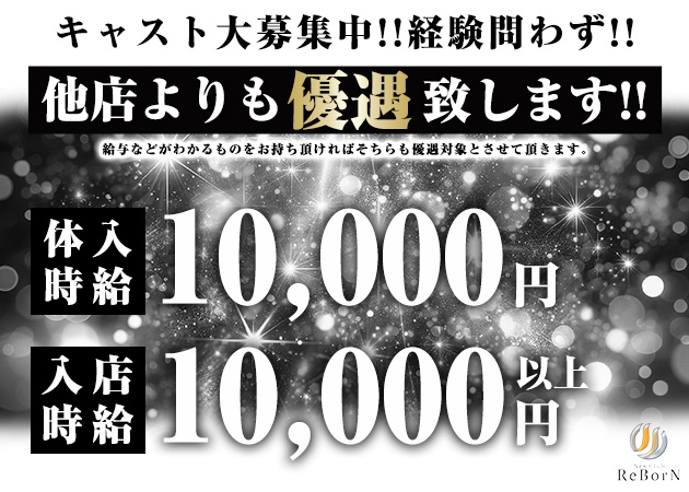 New Club ReBorN 職種：(1)フロアレディ
(2)エスコートレディ
(3)専属ヘアセット