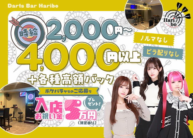 ダーツバー Haribo 職種：○未経験者さん大歓迎！
●経験者さんは優遇あり
○学生さん・OLさん・フリーターさん歓迎
●お酒が飲めなくてもOK
○お友達との応募も歓迎