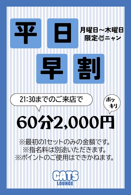 ピックアップニュース 平日早割🉐60分2千円🐱