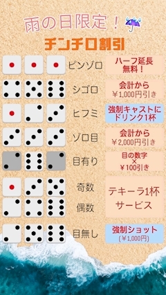 ピックアップニュース ☔雨の日☔限定!🎲チンチロ🎲割引!